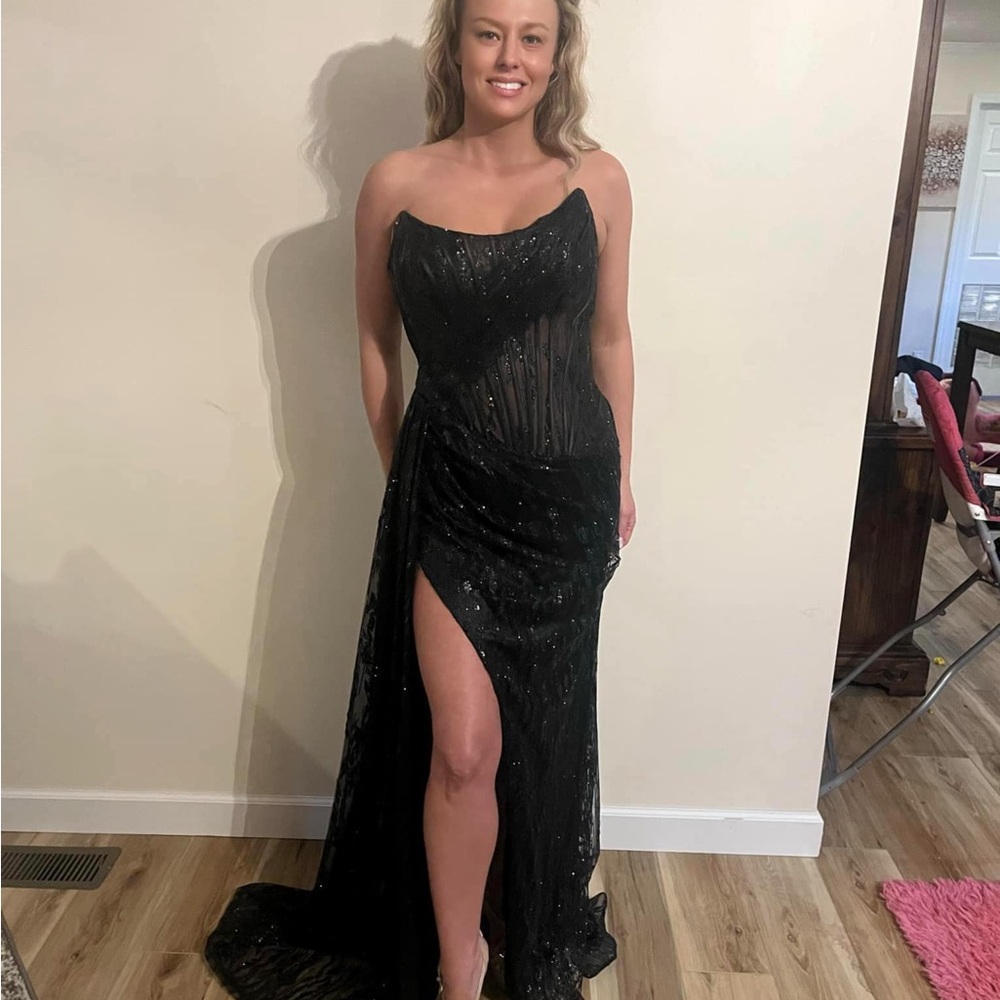 Black Sequin Asymmetrical Prom Gown